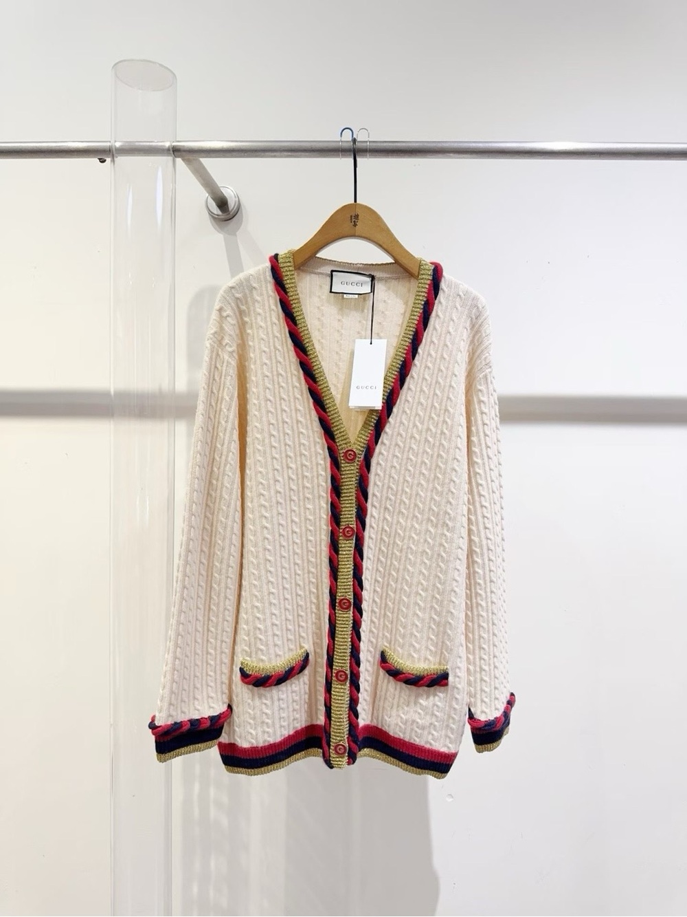🚩steal Gucci Cream Cable-Knit Cardigan with Red Navy Gold Trim